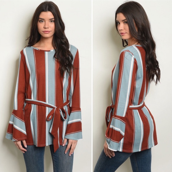 BLUE & RUST STRIPED—BELTED TUNIC W/ BELL SLEEVES!! BNWT!! - Picture 1 of 5